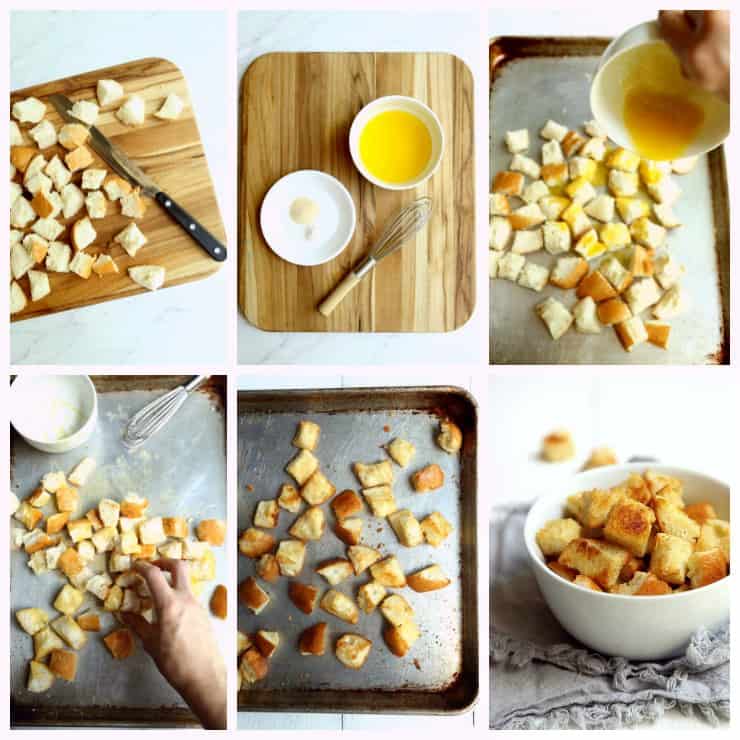 collage of six images with step by step instructions for how to make easy homemade croutons