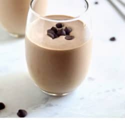 Collage image of chocolate protein shake with text overlay: Chocolate protein shake for Healthy Skin