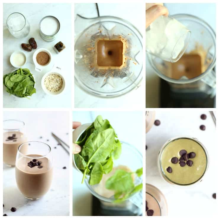 Collage of 6 images - How to make chocolate protein shake, step by step