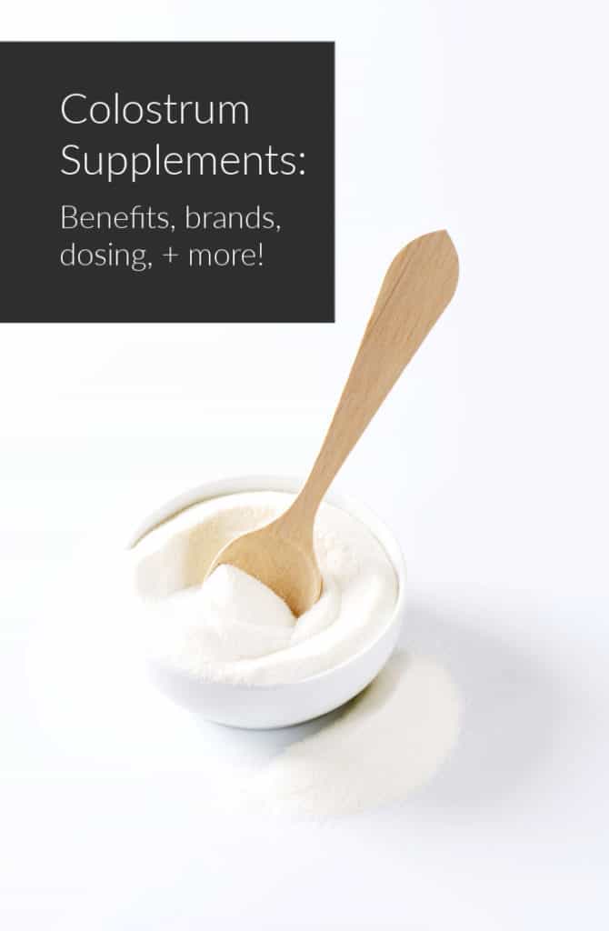 bowl of colostrum powder with small wooden spoon and article title text overlay