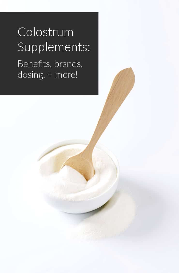 bowl of colostrum powder with small wooden spoon and article title text overlay