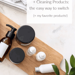 overhead shot of natural skin care products on marble countertop with text overlay: Natural Skin Care and Cleaning Products: the easy way to switch