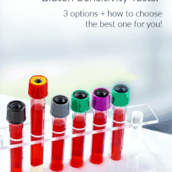 Collage of collection tubes for food sensitivity test with text overlay: Gluten sensitivity test options and how to choose the best one for you