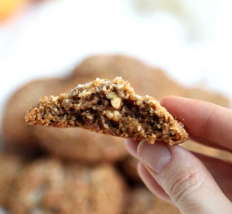 Close up image of bite out of pecan flour spice cookie