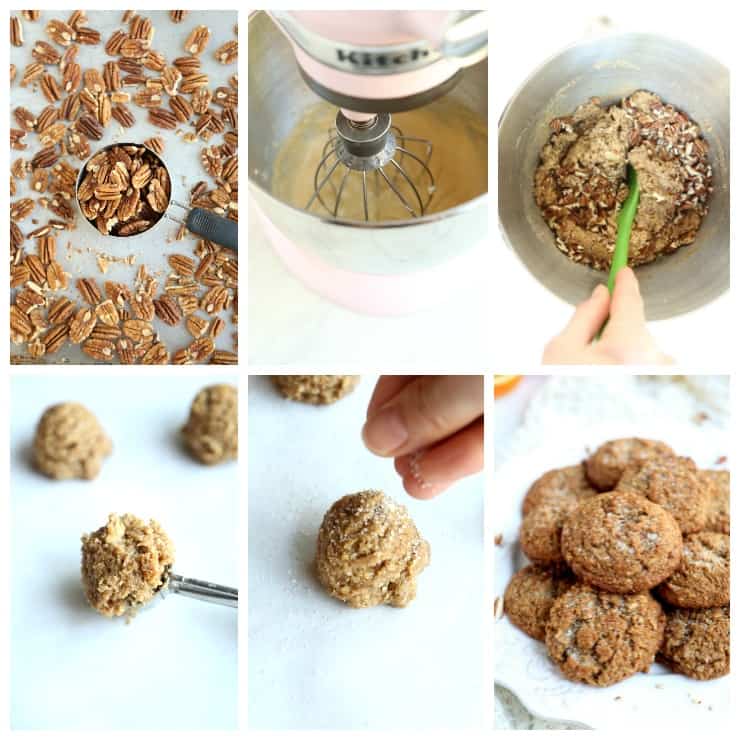 collage of 6 step-by-step images for how to make Pecan Flour Spice Cookies