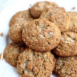 Close up view of pile of pecan flour spice cookies on white plate