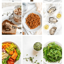 Collage of foods with key nutrients for thyroid health and title text overlay