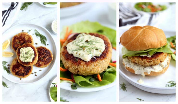 Collage of 3 ways to serve salmon burgers - alone, on a salad, or on a bun