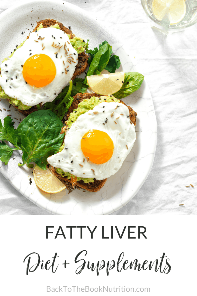 Collage image of egg and avocado toast and wilted greens on white plate with title text overlay