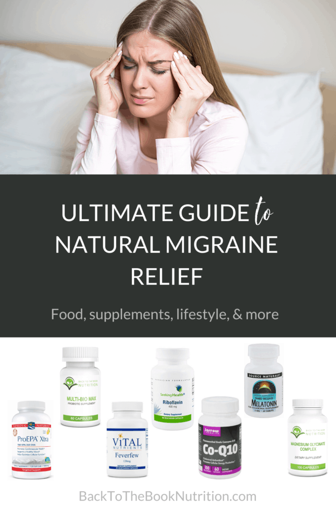 Collage of woman with migraine, migraine supplements, and article title text overlay