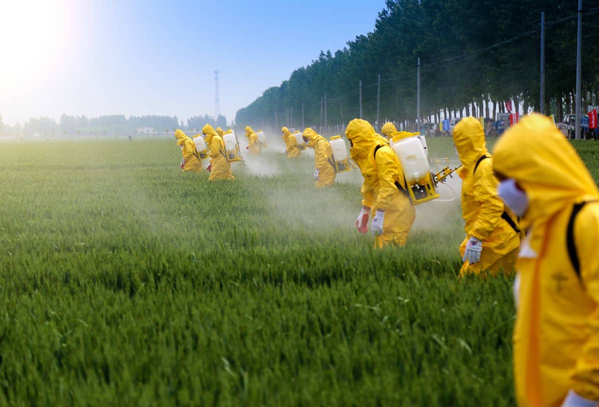 farm workers in protective gear spraying herbicides and pesticides