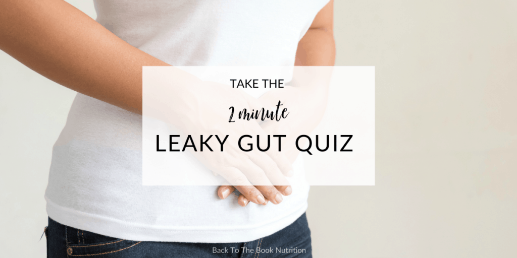 close up image of woman in white t shirt holding her lower abdomen with text overlay: take the 2 minute leaky gut quiz