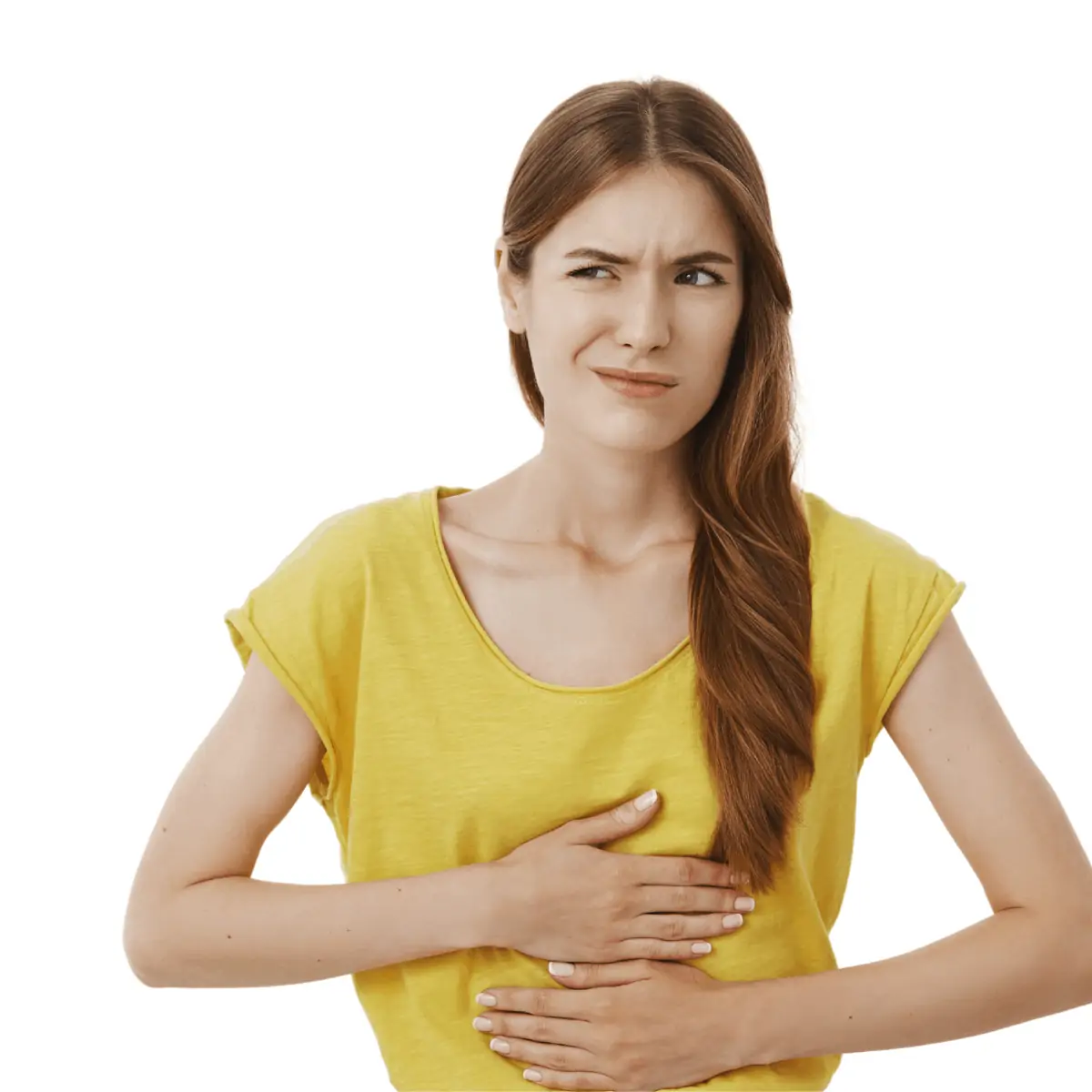 Brunette woman in yellow shirt with both hands over her stomach 