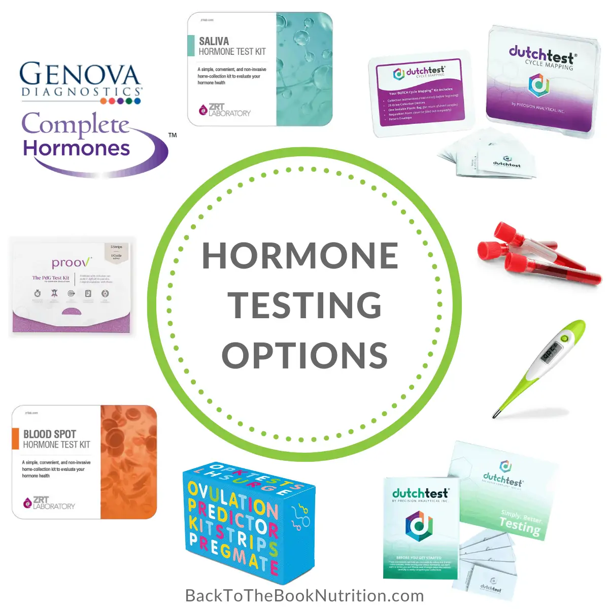 Collage of 8 different hormone testing options