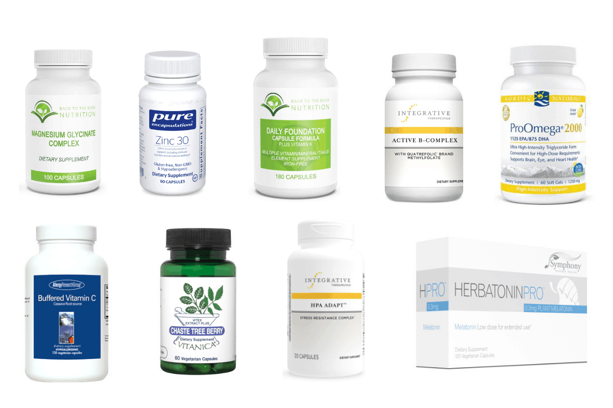 Collage of 9 supplements that help raise progesterone