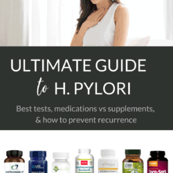 Collage - image of woman with hand over hear throat due to reflux, dietary supplements for H. pylori, and title text overlay