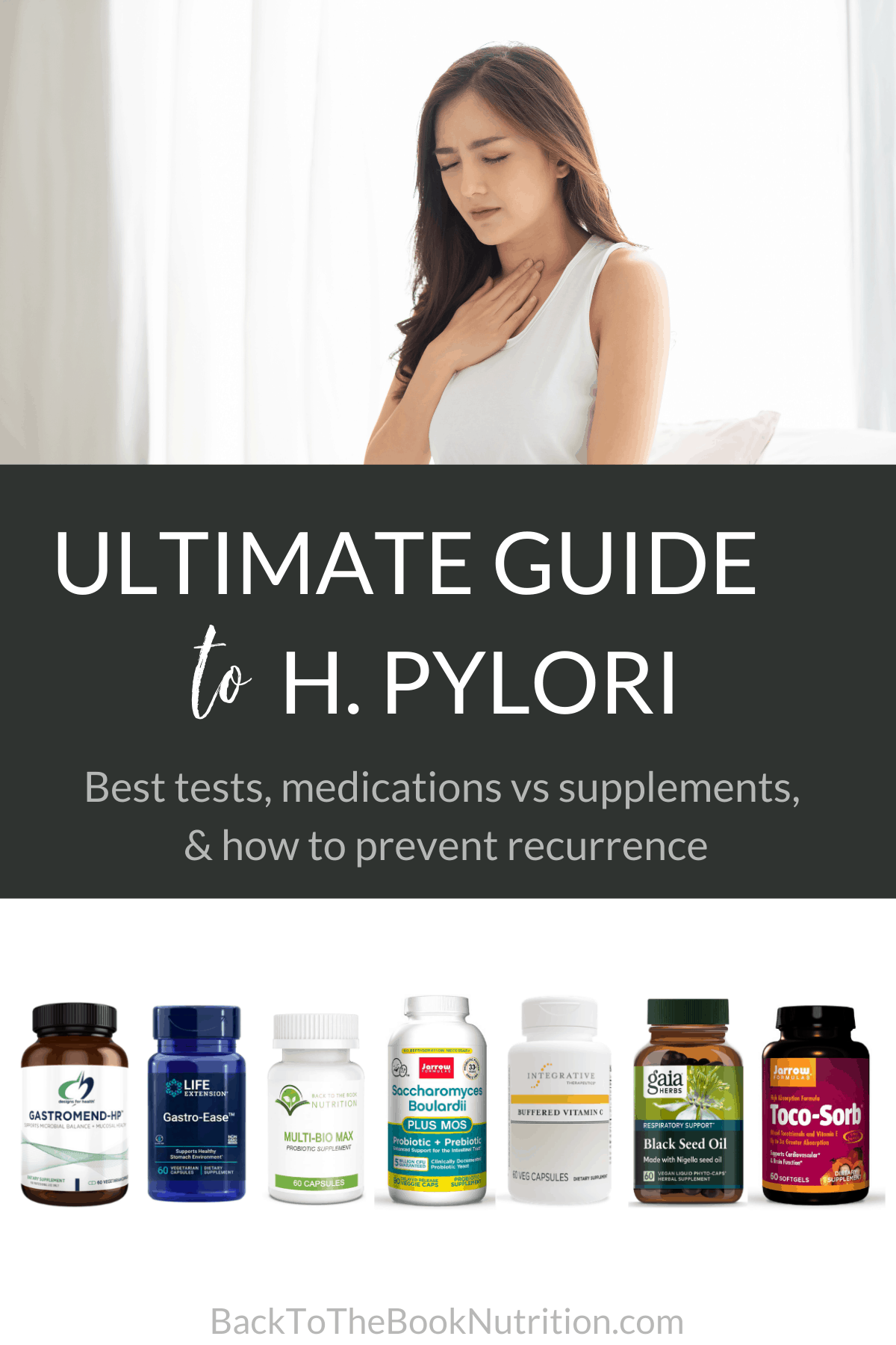 Collage - image of woman with hand over hear throat due to reflux, dietary supplements for H. pylori, and title text overlay