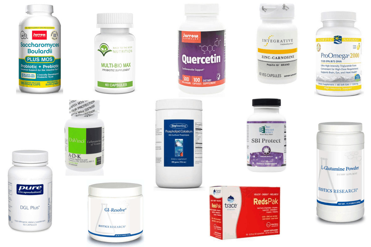 collage of common supplements used for Leaky Gut - glutamine, quercetin, colostrum, etc.