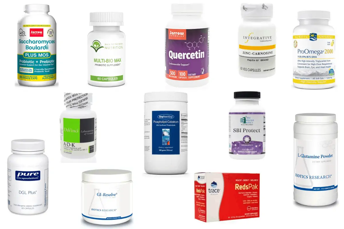 collage of common supplements used for Leaky Gut - glutamine, quercetin, colostrum, etc.