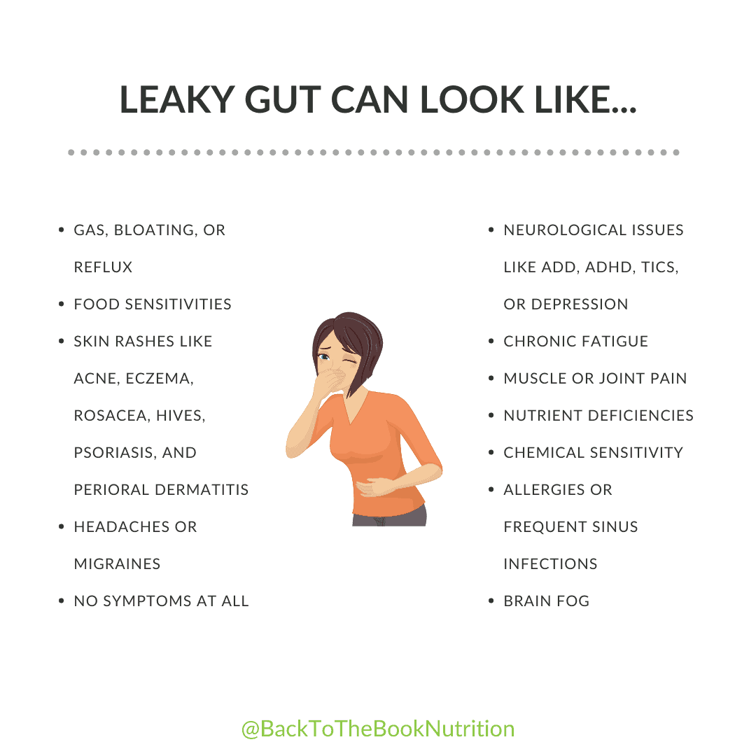 Leaky gut symptoms infographic - stylized woman holding her stomach with list of various leaky gut symptoms surrounding her