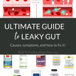 Collage of leaky gut image and supplements that help with title text overlay