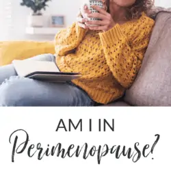 collage - smiling perimenopausal woman on couch with a book and cup of tea, plus title text overlay
