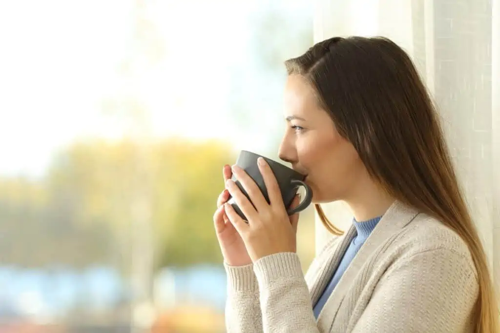 Brunette woman calmly sipping hot tea while gazing out at nature