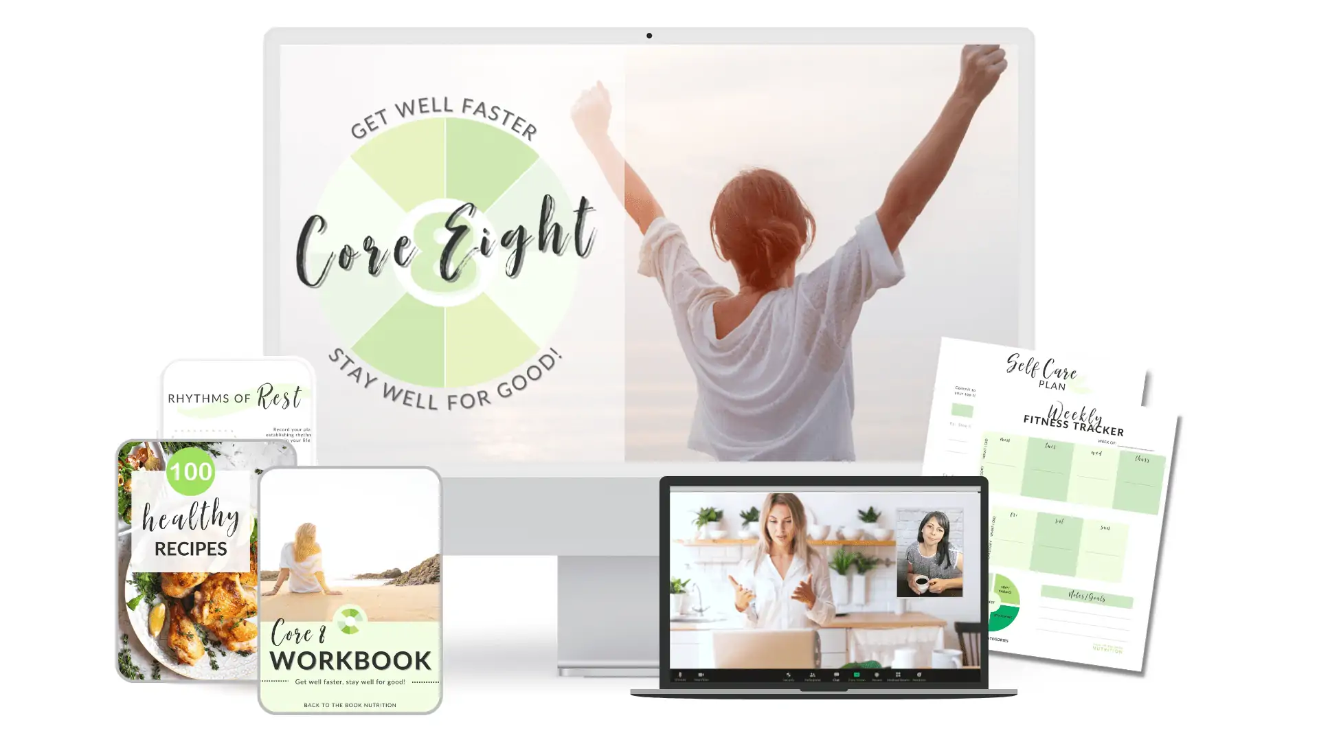 Core 8 Signature Package features - one to one sessions plus Core 8 Self Study Course with video lessons, printable workbook, recipes ebook, and trackers.