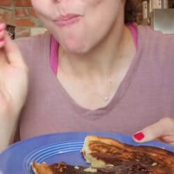 Enjoying a bite of fluffy high protein pancake