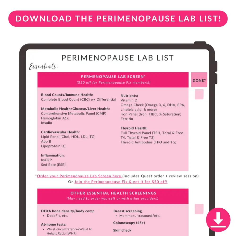 Perimenopause Lab List on tablet - click to download!